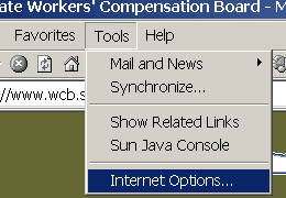 Internet Explorer's Tool menu with the Internet Options link